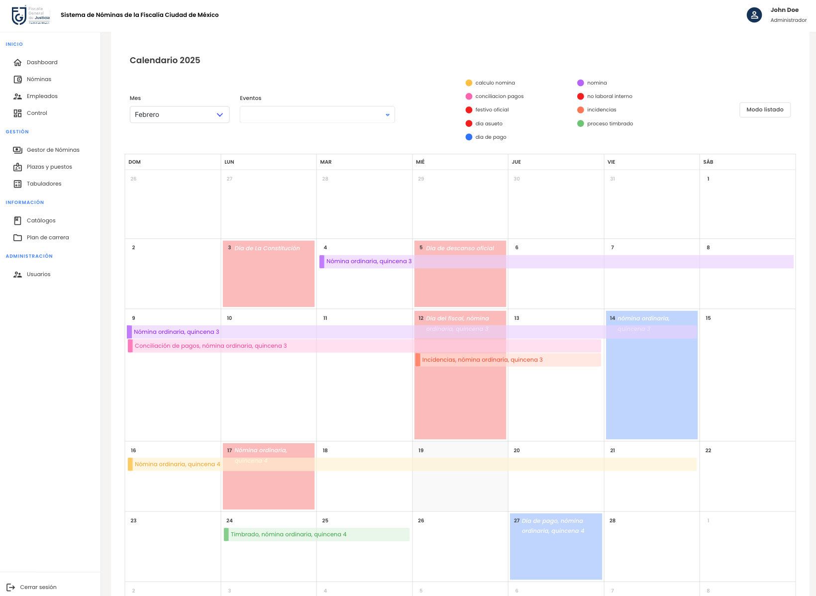 Mexico City Attorney General's Office payroll system calendar showing payroll events and schedules